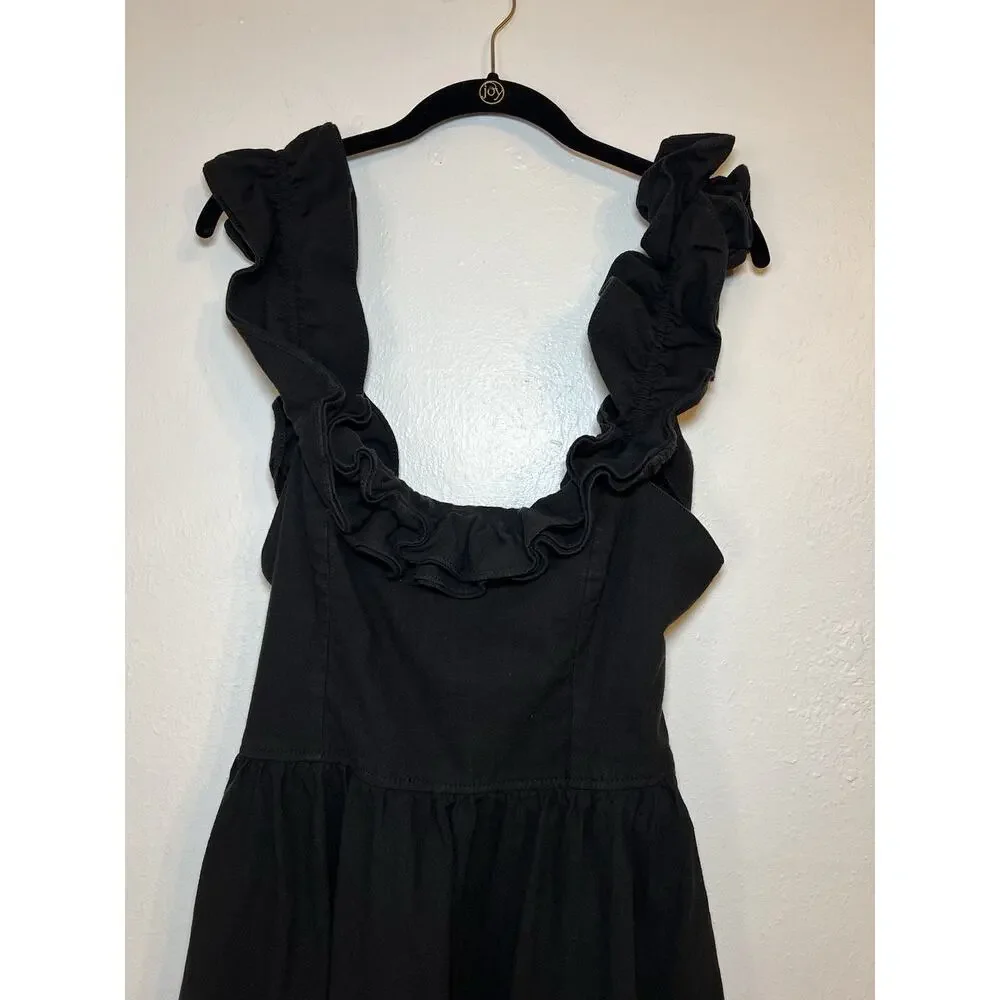 Free People Ruffle It Up Midi Dress Black Smocked Tie Cotton Size Medium